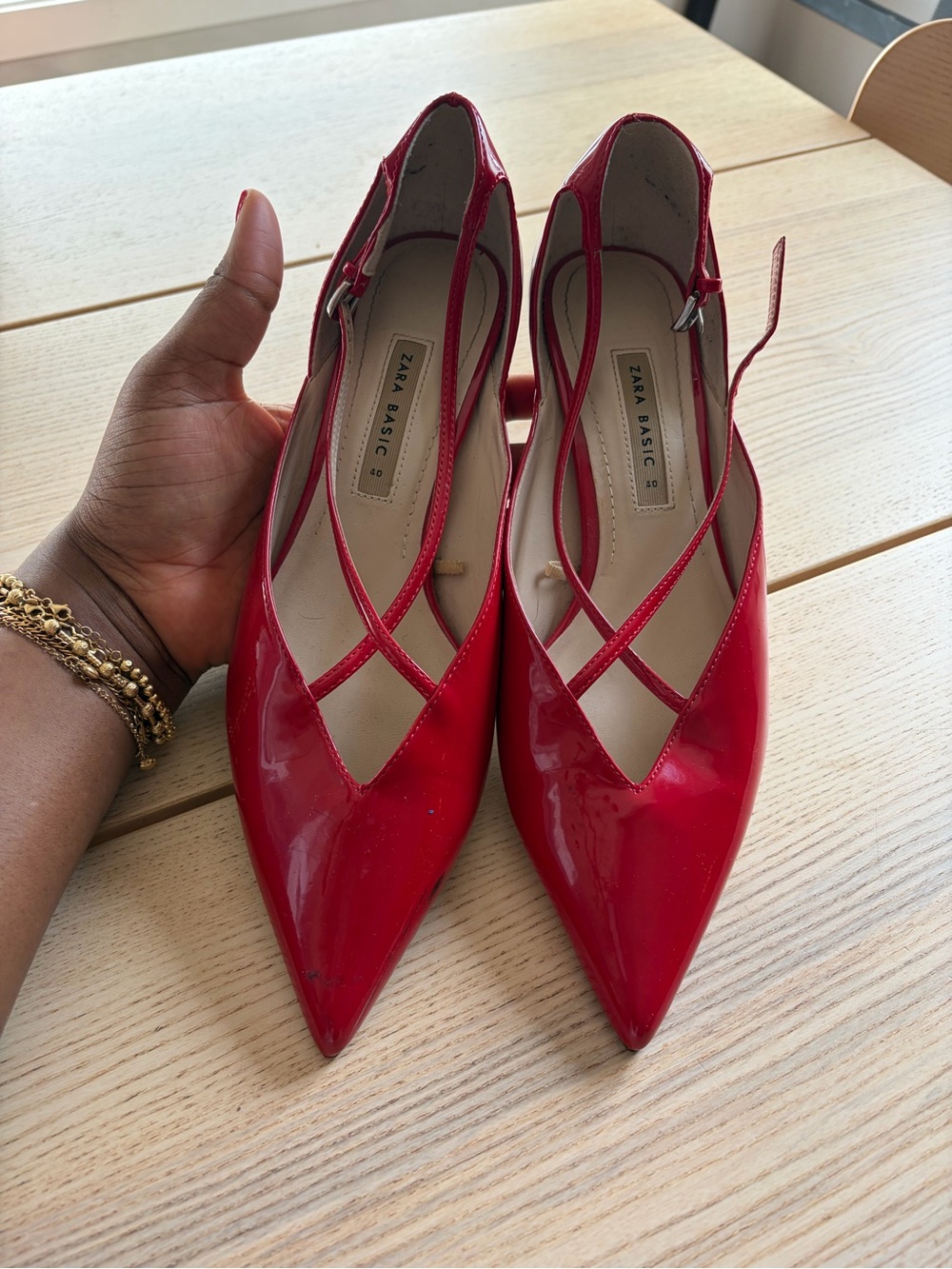 Zara Red Patent Pointed Toe Crisscross Ankle Strap Flats